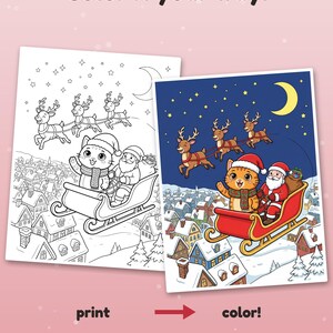 May include: Two coloring pages featuring a cat and Santa in a sleigh pulled by reindeer over a snowy village. Text includes Color it your way!, print, color!, and Example colored with AI, for inspiration (pages come in black & white).