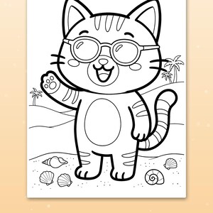 May include: A black and white coloring page featuring a cartoon cat wearing round glasses, waving a paw, and standing on a sandy beach with seashells and palm trees. The text Thick, bold lines is printed at the bottom of the page.