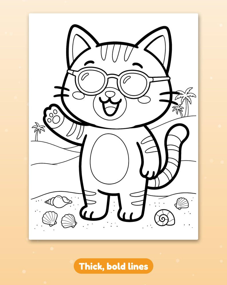 May include: A black and white coloring page featuring a cartoon cat wearing round glasses, waving a paw, and standing on a sandy beach with seashells and palm trees. The text Thick, bold lines is printed at the bottom of the page.