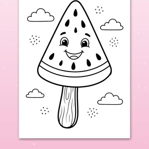 May include: A black and white coloring page featuring a smiling watermelon slice popsicle with seeds, surrounded by clouds and small dots. The text at the bottom reads Big spaces for little hands in white on a pink background.