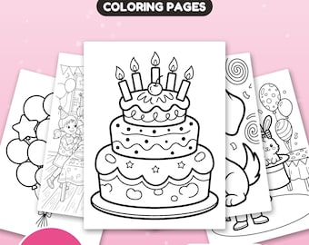 May include: A set of 30 birthday party coloring pages featuring black and white line art of a three-tiered cake with candles, balloons, and a child at a party. The text reads BIRTHDAY PARTY, COLORING PAGES, 30 PAGES, US Letter + A4, Instant download.