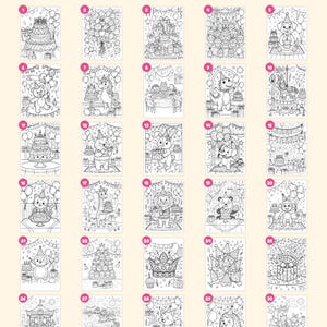 May include: A collection of 30 black and white coloring pages featuring birthday-themed illustrations of animals, cakes, balloons, and gifts. The text "Everything you get: 30 pages" and "+ cover &middot; "This book belongs to" page &middot; closing page" is visible.
