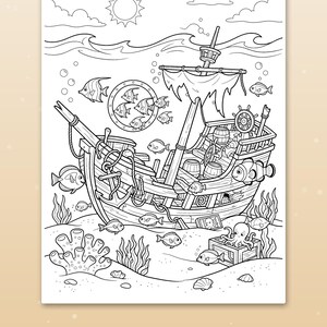 May include: A black and white colouring page featuring a sunken pirate ship on the ocean floor, surrounded by various fish, coral, and an octopus in a wooden crate. The text "Cute scenes kids love" is printed at the bottom of the page.