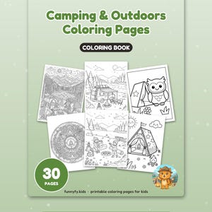 May include: A coloring book titled Camping & Outdoors Coloring Pages with 30 pages. The cover displays six black and white line art illustrations featuring mountains, a camper van, an owl, a mandala, children by a fire, and a tent. A small cartoon cat in a scout hat is in the corner.