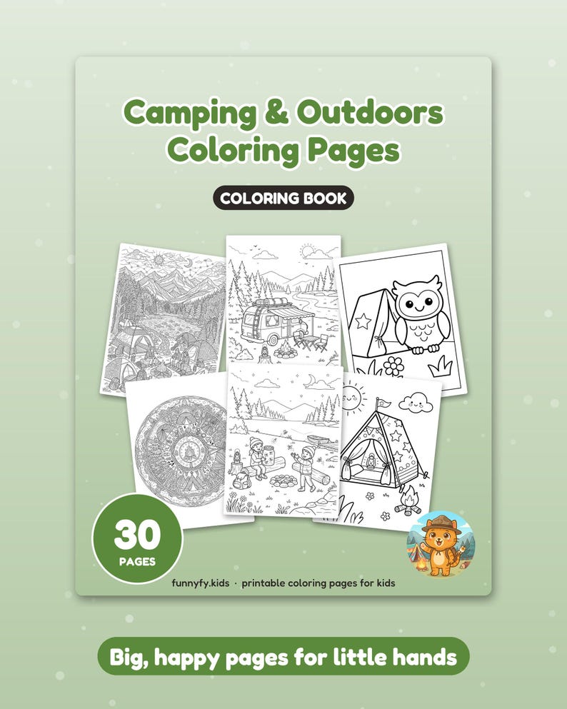 May include: A coloring book titled Camping & Outdoors Coloring Pages with 30 pages. The cover displays six black and white line art illustrations featuring mountains, a camper van, an owl, a mandala, children by a fire, and a tent. A small cartoon cat in a scout hat is in the corner.