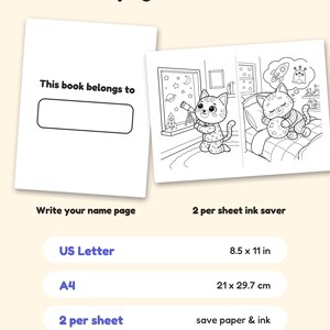 May include: A coloring book page set featuring a 'This book belongs to' name page and two black and white illustrations of a cat in pajamas. The text indicates US Letter 8.5 x 11 in, A4 21 x 29.7 cm, and 2 per sheet ink saver formats.