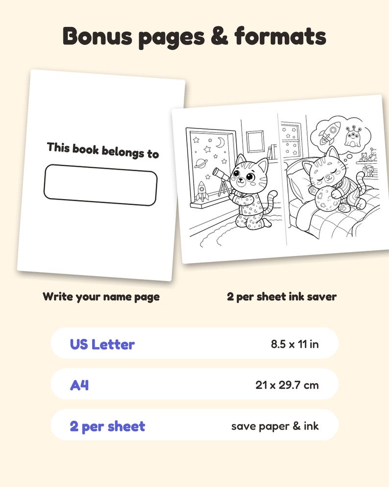May include: A coloring book page set featuring a 'This book belongs to' name page and two black and white illustrations of a cat in pajamas. The text indicates US Letter 8.5 x 11 in, A4 21 x 29.7 cm, and 2 per sheet ink saver formats.
