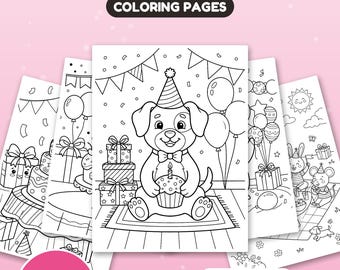 May include: A set of 30 printable coloring pages titled BIRTHDAY PARTY, featuring black and white line art of puppies, cakes, balloons, and gifts. The digital collection includes US Letter and A4 formats for instant download.