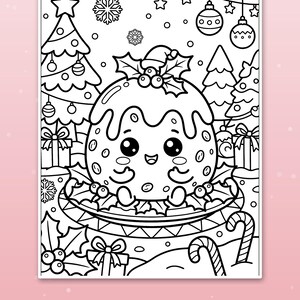 May include: A black and white coloring page featuring a smiling Christmas pudding character wearing a small hat, sitting on a plate decorated with holly leaves. The background shows Christmas trees, gift boxes, and hanging ornaments.