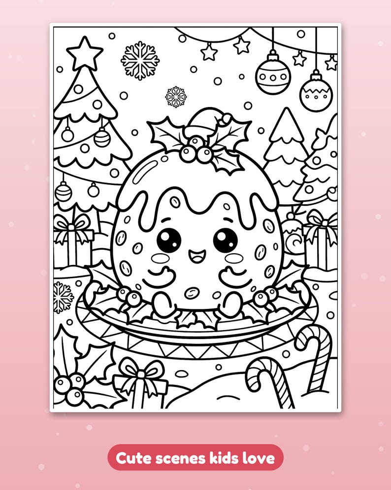 May include: A black and white coloring page featuring a smiling Christmas pudding character wearing a small hat, sitting on a plate decorated with holly leaves. The background shows Christmas trees, gift boxes, and hanging ornaments.