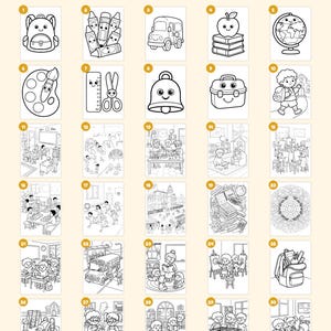 Puede incluir: Una colecci&oacute;n digital de 30 p&aacute;ginas para colorear en blanco y negro con ilustraciones de tem&aacute;tica escolar, que incluyen mochilas, l&aacute;pices de colores, autobuses, libros, globos terr&aacute;queos y escenas de clase.