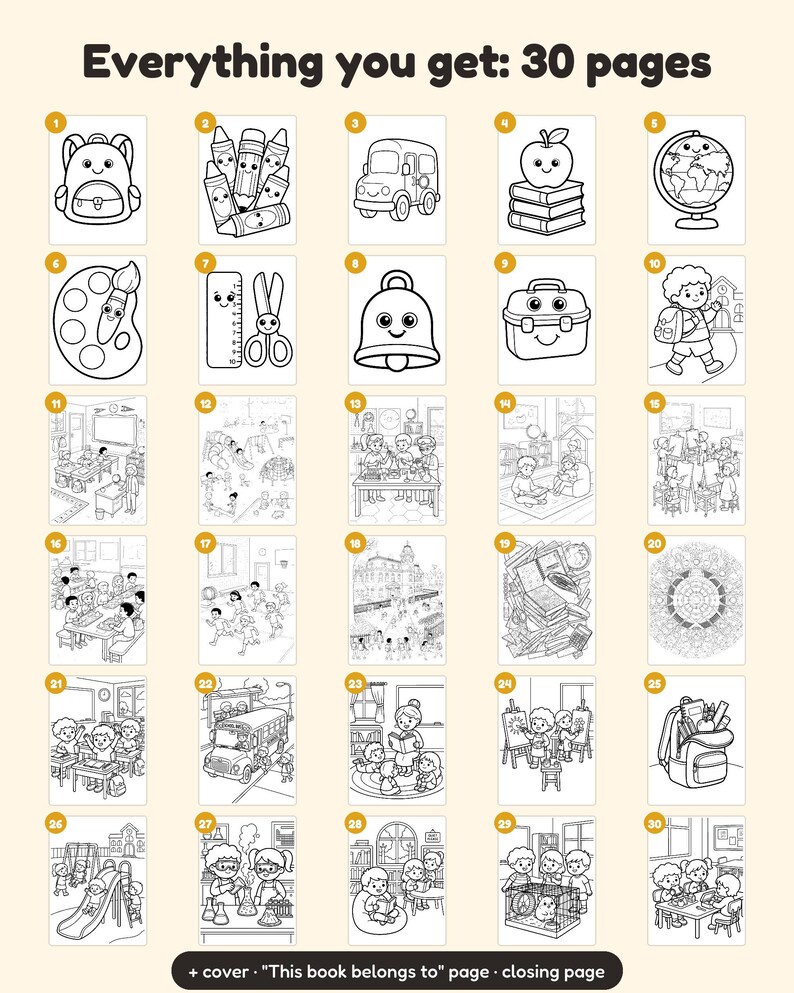 Puede incluir: Una colecci&oacute;n digital de 30 p&aacute;ginas para colorear en blanco y negro con ilustraciones de tem&aacute;tica escolar, que incluyen mochilas, l&aacute;pices de colores, autobuses, libros, globos terr&aacute;queos y escenas de clase.