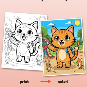 May include: A coloring page featuring a cat with a backpack at a playground, shown in both black-and-white line art and a full-color version. Text includes Color it your way!, print, color!, and Example colored with AI, for inspiration.