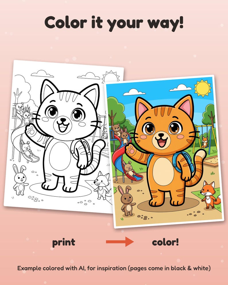May include: A coloring page featuring a cat with a backpack at a playground, shown in both black-and-white line art and a full-color version. Text includes Color it your way!, print, color!, and Example colored with AI, for inspiration.