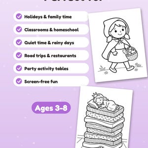 Puede incluir: Un conjunto de p&aacute;ginas para colorear con el texto Perfect for, seguido de una lista de usos que incluye Holidays & family time, Classrooms & homeschool, Quiet time & rainy days, Road trips & restaurants, Party activity tables, Screen-free fun y Ages 3-8.