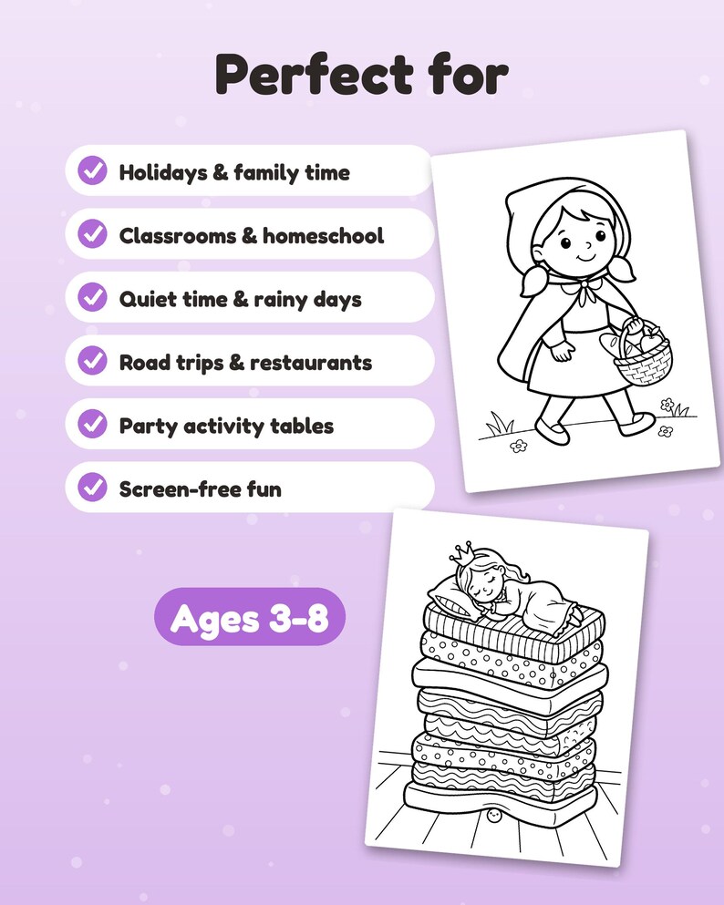 Puede incluir: Un conjunto de p&aacute;ginas para colorear con el texto Perfect for, seguido de una lista de usos que incluye Holidays & family time, Classrooms & homeschool, Quiet time & rainy days, Road trips & restaurants, Party activity tables, Screen-free fun y Ages 3-8.