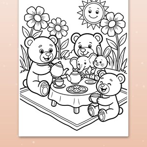 May include: A black and white coloring page featuring two bears, an elephant, and a rabbit having a tea party at a round table with cookies. The scene includes flowers and a smiling sun in the background. The text reads: Big spaces for little hands.