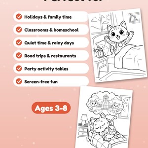 May include: Two black and white coloring pages featuring cartoon cats. One shows a cat waking up in bed with an alarm clock, the other shows a cat sleeping and dreaming of school. Text includes "Perfect for" and "Ages 3-8" with a list of activities.