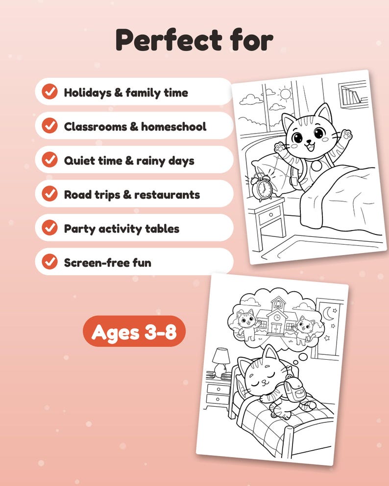 May include: Two black and white coloring pages featuring cartoon cats. One shows a cat waking up in bed with an alarm clock, the other shows a cat sleeping and dreaming of school. Text includes "Perfect for" and "Ages 3-8" with a list of activities.
