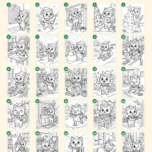 May include: A collection of 25 black and white coloring pages featuring a cartoon cat in various winter and holiday scenes, including decorating a tree, building a snowman, and baking, with the text Everything you get: 25 pages.