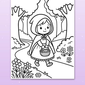 Puede incluir: Una p&aacute;gina para colorear en blanco y negro que muestra a un ni&ntilde;o con capa con capucha y una cesta caminando por un sendero en un bosque con &aacute;rboles y flores. El texto en la parte inferior dice, Big spaces for little hands.