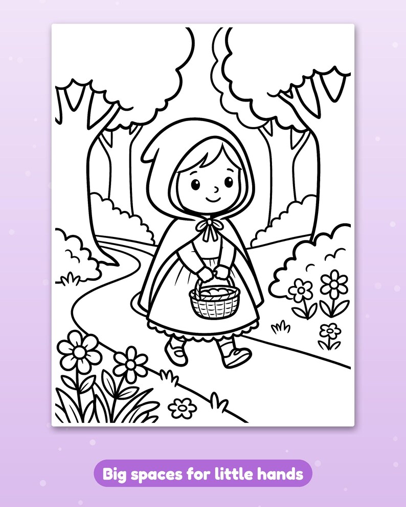 Puede incluir: Una p&aacute;gina para colorear en blanco y negro que muestra a un ni&ntilde;o con capa con capucha y una cesta caminando por un sendero en un bosque con &aacute;rboles y flores. El texto en la parte inferior dice, Big spaces for little hands.