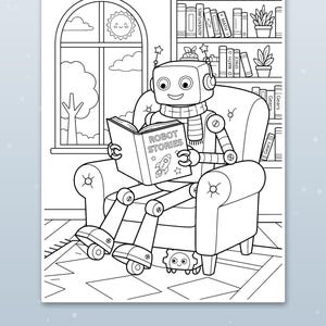 Puede incluir: Una p&aacute;gina para colorear en blanco y negro que muestra a un robot sentado en un sill&oacute;n leyendo un libro titulado Robot Stories. El fondo incluye una estanter&iacute;a con libros etiquetados como Adventures, Math, Space y una ventana con un sol.