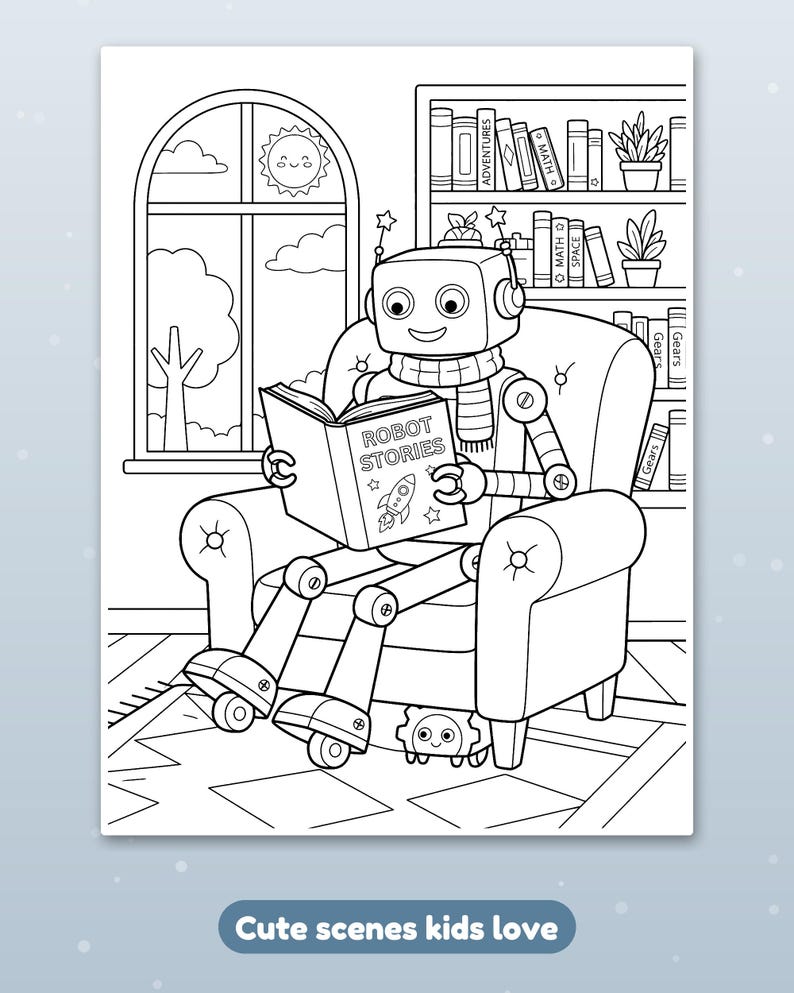 Puede incluir: Una p&aacute;gina para colorear en blanco y negro que muestra a un robot sentado en un sill&oacute;n leyendo un libro titulado Robot Stories. El fondo incluye una estanter&iacute;a con libros etiquetados como Adventures, Math, Space y una ventana con un sol.