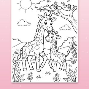 May include: A black and white coloring page featuring a large giraffe and a small giraffe standing together in a grassy field with flowers, a tree, clouds, and a sun in the background. The text at the bottom reads: Cute scenes kids love.