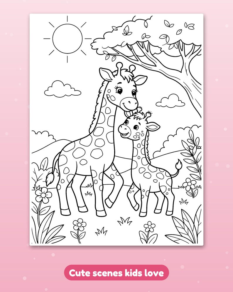 May include: A black and white coloring page featuring a large giraffe and a small giraffe standing together in a grassy field with flowers, a tree, clouds, and a sun in the background. The text at the bottom reads: Cute scenes kids love.
