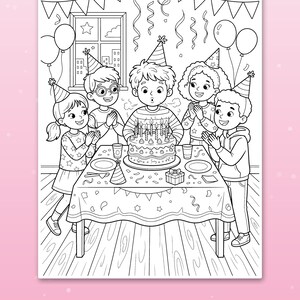 May include: A black and white coloring page featuring five children at a birthday party around a table with a cake, candles, balloons, and streamers. The scene includes party hats, a gift, and a window. The text reads Thick, bold lines.