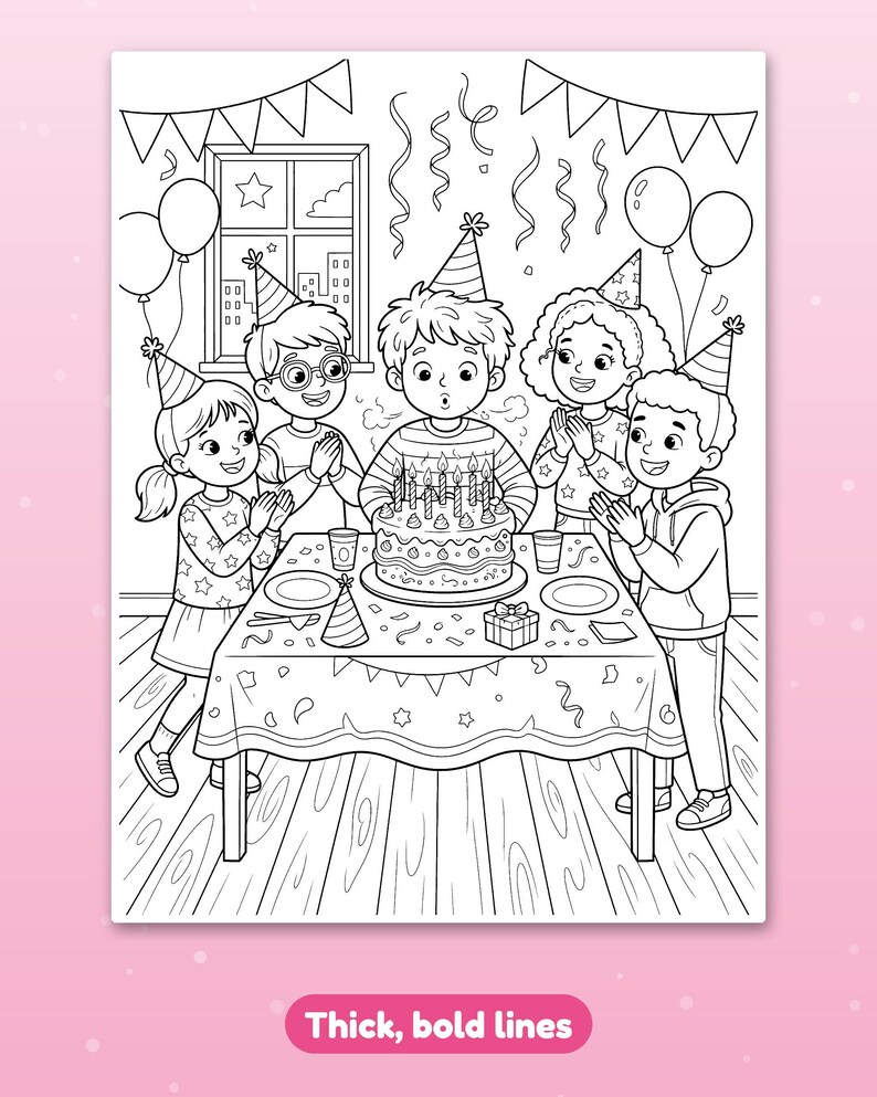 May include: A black and white coloring page featuring five children at a birthday party around a table with a cake, candles, balloons, and streamers. The scene includes party hats, a gift, and a window. The text reads Thick, bold lines.