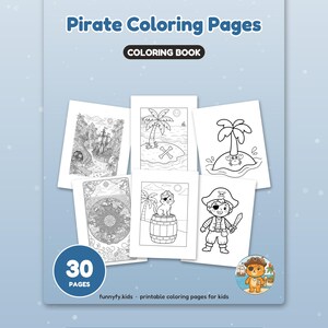 以下が含まれることがあります： Pirate Coloring Pagesというタイトルの水色の塗り絵。30 PAGES、Big, happy pages for little handsという文字が記載されています。表紙には海賊船、島、キャラクターを描いた6枚の白黒イラストが配置されています。