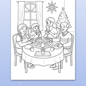 Puede incluir: Una p&aacute;gina para colorear en blanco y negro que muestra a una familia sentada alrededor de una mesa redonda comiendo un rosc&oacute;n de reyes con una peque&ntilde;a figura en el centro. Un &aacute;rbol de Navidad y un adorno de estrella al fondo. Texto: Big spaces for little hands.
