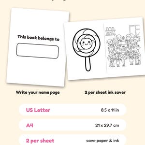 May include: A digital coloring book page set featuring a 'This book belongs to' name page and a 2-per-sheet ink saver layout with a lollipop and a kitchen scene. Includes US Letter 8.5 x 11 in and A4 21 x 29.7 cm format options.