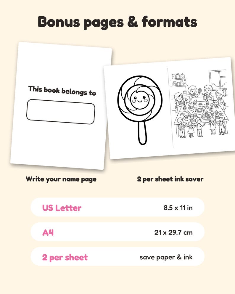 May include: A digital coloring book page set featuring a 'This book belongs to' name page and a 2-per-sheet ink saver layout with a lollipop and a kitchen scene. Includes US Letter 8.5 x 11 in and A4 21 x 29.7 cm format options.