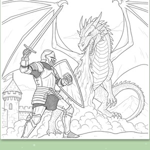 May include: A black and white coloring page illustration featuring a knight in armor holding a sword and shield, facing a large dragon breathing fire. In the background, a castle tower is visible. The text reads: Big spaces for little hands.