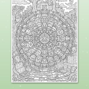 May include: A black and white coloring page featuring a large circular mandala composed of various monster faces. The background shows a forest setting with trees, stone ruins, and a crescent moon. The text "Cute scenes kids love" appears at the bottom.