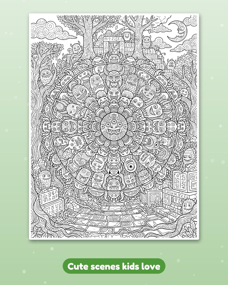 May include: A black and white coloring page featuring a large circular mandala composed of various monster faces. The background shows a forest setting with trees, stone ruins, and a crescent moon. The text "Cute scenes kids love" appears at the bottom.