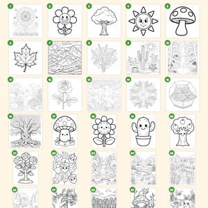 May include: A collection of 30 black and white colouring pages featuring nature themes including flowers, trees, mushrooms, mountains, and landscapes. The text "Everything you get: 30 pages" and "+ cover &middot; "This book belongs to" page &middot; closing page" is visible.