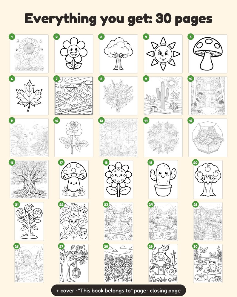 May include: A collection of 30 black and white colouring pages featuring nature themes including flowers, trees, mushrooms, mountains, and landscapes. The text "Everything you get: 30 pages" and "+ cover &middot; "This book belongs to" page &middot; closing page" is visible.