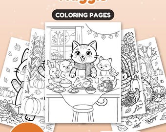 Può includere: Un set di 30 pagine da colorare Thanksgiving with Nuggis con disegni al tratto in bianco e nero di animali a tavola, zucche e fogliame autunnale. Il prodotto digitale include i formati US Letter e A4 per il download.