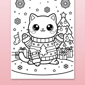 May include: A black and white coloring page featuring a cat wearing a sweater with a tree pattern. The cat is surrounded by a Christmas tree, wrapped gifts, a stocking, and snowflakes. The text at the bottom reads: Big spaces for little hands.