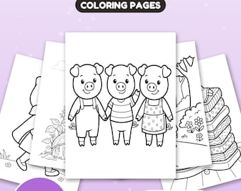 May include: A set of 30 fairy tale coloring pages featuring black and white line art illustrations. The central page shows three pigs standing together. Text on the pages includes FAIRY TALE, COLORING PAGES, 30 PAGES, US Letter + A4, and Instant download.