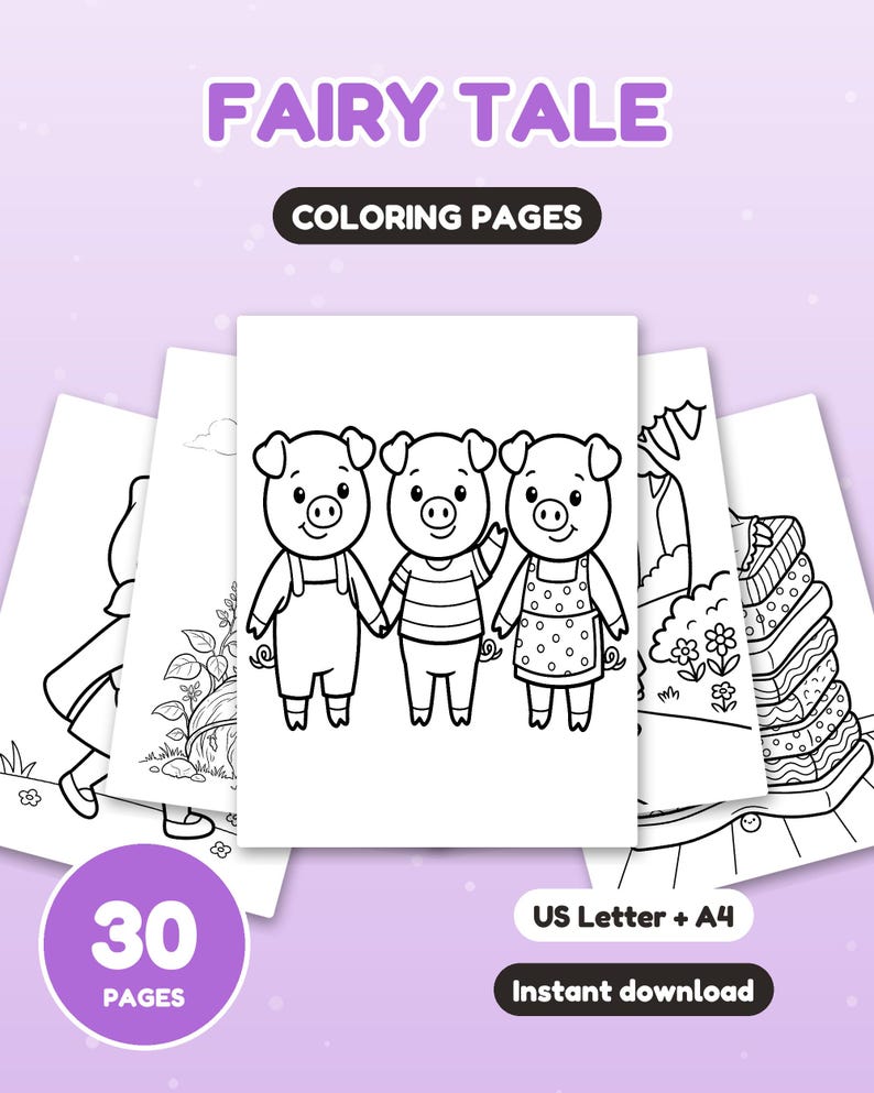 Puede incluir: Un conjunto de 30 p&aacute;ginas para colorear de cuentos de hadas con ilustraciones de arte lineal en blanco y negro. La p&aacute;gina central muestra tres cerdos juntos. El texto incluye FAIRY TALE, COLORING PAGES, 30 PAGES, US Letter + A4 e Instant download.