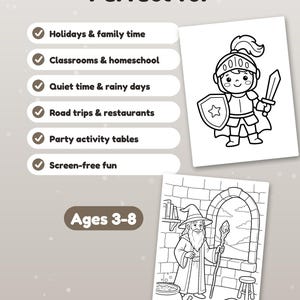 Peut inclure: Un ensemble de pages &agrave; colorier montrant un chevalier avec une &eacute;p&eacute;e et un bouclier, et un magicien dans une pi&egrave;ce en pierre avec un b&acirc;ton. Le texte indique Perfect for, Holidays & family time, Classrooms & homeschool, Quiet time & rainy days, Road trips & restaurants, Party activity tables, Screen-free fun, et Ages 3-8.