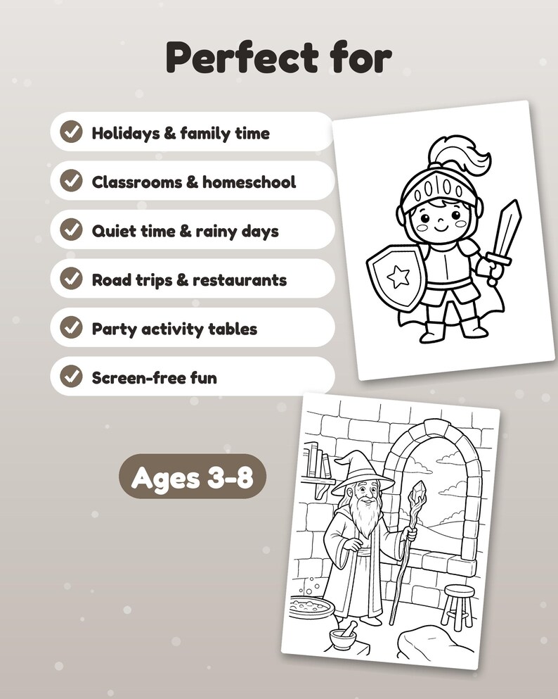 Peut inclure: Un ensemble de pages &agrave; colorier montrant un chevalier avec une &eacute;p&eacute;e et un bouclier, et un magicien dans une pi&egrave;ce en pierre avec un b&acirc;ton. Le texte indique Perfect for, Holidays & family time, Classrooms & homeschool, Quiet time & rainy days, Road trips & restaurants, Party activity tables, Screen-free fun, et Ages 3-8.