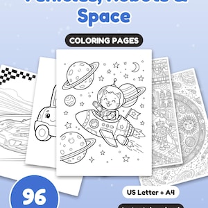 以下が含まれることがあります： Vehicles, Robots & Spaceというタイトルの96ページの塗り絵セット。ロケットに乗った猫、惑星、星、ロボット、レーシングカーなどの白黒の線画が含まれており、USレターサイズとA4サイズに対応しています。