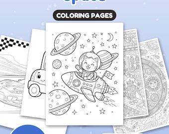 May include: A collection of 96 coloring pages titled Vehicles, Robots & Space. The pages feature black and white line art including a cat in a rocket ship, planets, stars, robots, and a race car. The set is available for US Letter and A4 sizes.
