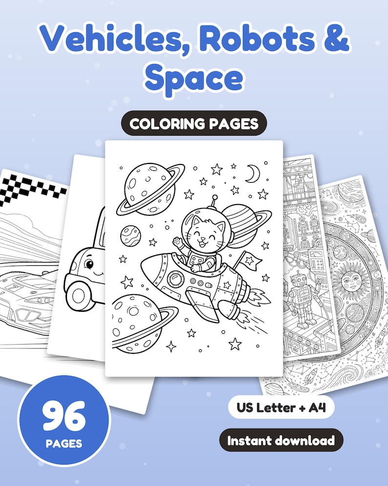 Op de afbeelding: Een verzameling van 96 kleurplaten getiteld Vehicles, Robots & Space. De pagina's bevatten zwart-wit lijntekeningen waaronder een kat in een raket, planeten, sterren, robots en een raceauto, beschikbaar voor US Letter en A4.
